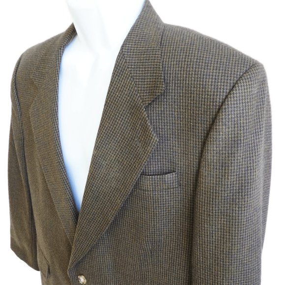 Mens Wool Houndstooth Blazer Sport Coat Brown Two Button Non Vented Lined 46R